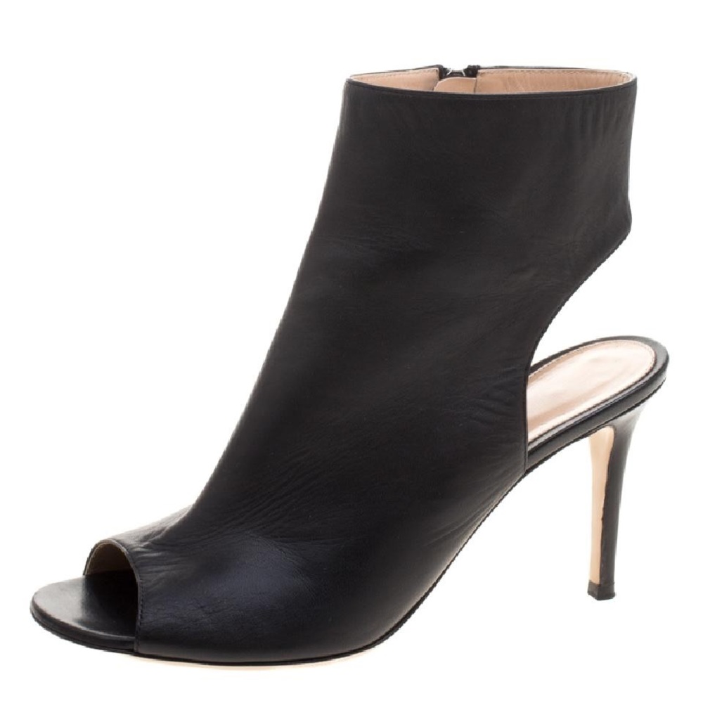 Black Leather Open Toe Cut Out Ankle Boots/Booties